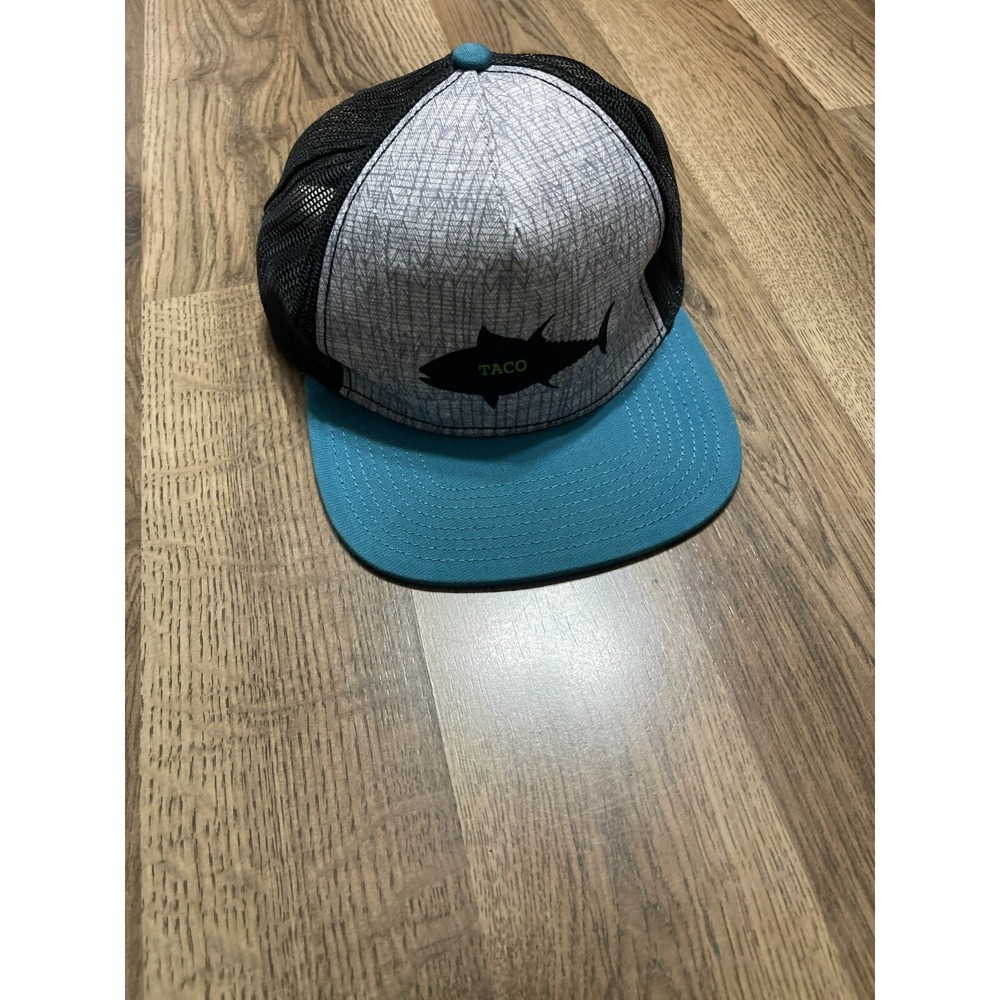 Flat Bill Men's Hat Trucker Hat Blue Grey Black Fish "Taco" Breath Snapback